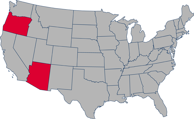 Map of the USA with Oregon and Arizona in red